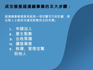 成功發展超連鎖事業的五大步驟： 1.  申請加入 2.  產生點數 3.  合格累積 4.  擴展業務 5.  教導、管理並幫助他人 超連鎖事業發展系統是一項切實可行的計劃，使合格人士能成功達成財務自主的目標。 