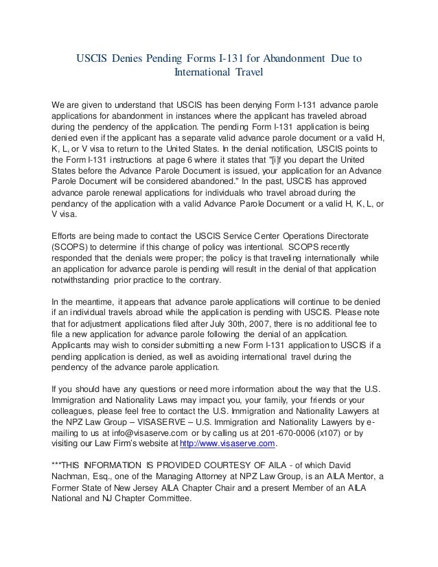 USCIS Denies Pending Forms I-131 for Abandonment Due to International ...