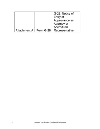 G-28, Notice of
                                                Entry of
                                                Appearance as
                                                Attorney or
                                                Accredited
    Attachment A       Form G-28                Representative




2                  Language Line Services Confidential Information
 