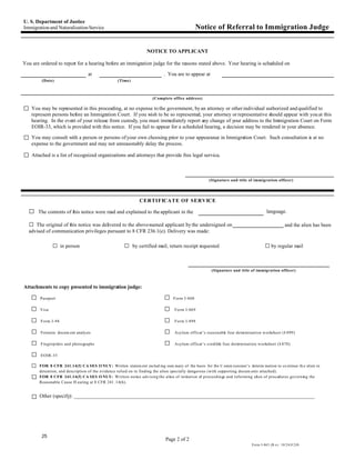 U. S. Department of Justice
Immigration and Naturalization Service                                                       Notice of Referral to Immigration Judge


                                                                  NOTICE TO APPLICANT

You are ordered to report for a hearing before an immigration judge for the reasons stated above. Your hearing is scheduled on

                                  at                                       . You are to appear at
         (Date)                                   (Time)



                                                                     (Complete office address)

G You may be represented in this proceeding, at no expense to the government, by an attorney or other individual authorized and qualified to
    represent persons before an Immigration Court. If you wish to be so represented, your attorney or representative should appear with you at this
    hearing. In the event of your release from custody, you must immediately report any change of your address to the Immigration Court on Form
    EOIR-33, which is provided with this notice. If you fail to appear for a scheduled hearing, a decision may be rendered in your absence.

G You may consult with a person or persons of your own choosing prior to your appearance in Immigration Court. Such consultation is at no
    expense to the government and may not unreasonably delay the process.

G Attached is a list of recognized organizations and attorneys that provide free legal service.


                                                                                                   (Signature and title of immigration officer)




                                                              CERTIFICATE OF SERVICE

  G The contents of this notice were read and explained to the applicant in the                                                     language.

  G The original of this notice was delivered to the above-named applicant by the undersigned on                                               and the alien has been
  advised of communication privileges pursuant to 8 CFR 236.1(e). Delivery was made:

               G in person                            G by certified mail, return receipt requested                                G by regular mail



                                                                                                     (Signature and title of immigration officer)



Attachments to copy presented to immigration judge:

    G   Passport                                                           G    Form I-860

    G   Visa                                                               G     Form I-869

    G   Form I-94                                                          G     Form I-898

    G   Forensic docum ent analysis                                        G     Asylum officer’s reasonable fear determination worksheet (I-899)

    G   Fingerprints and photographs                                       G     Asylum officer’s credible fear determination worksheet (I-870)

    G   EOIR-33

    G   FOR 8 CFR 241.14(f) CA SES O NLY: Written statem ent includ ing sum mary of the basis for the C omm issioner’s determ ination to co ntinue th e alien in
        detention, and description of the evidence relied on in finding the alien specially dangerous (with supporting docum ents attached).
    G   FOR 8 CFR 241.14(f) CA SES O NLY: Written notice advising the alien of initiation of proceedings and informing alien of procedures governing the
        Reasonable Cause H earing at 8 CFR 241 .14(h).


    G Other (specify): ___________________________________________________________________________________________




         25
                                                                            Page 2 of 2
                                                                                                                           Form I-863 (R ev. 10/24/0 2)N
 