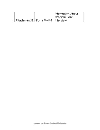 Information About
                            Credible Fear
    Attachment B Form M-444 Interview




4              Language Line Services Confidential Information
 
