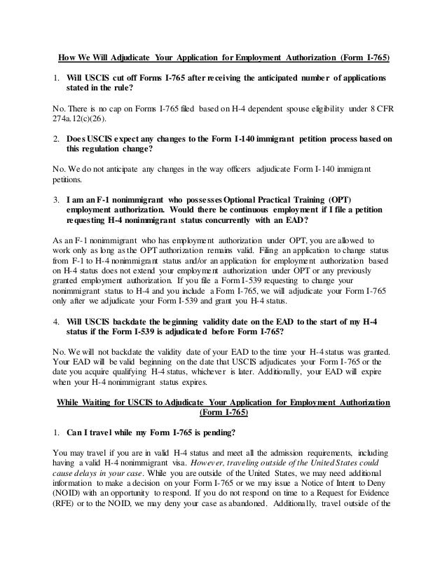 USCIS Publishes Filing Guidance for Certain H4 Dependent Spouses