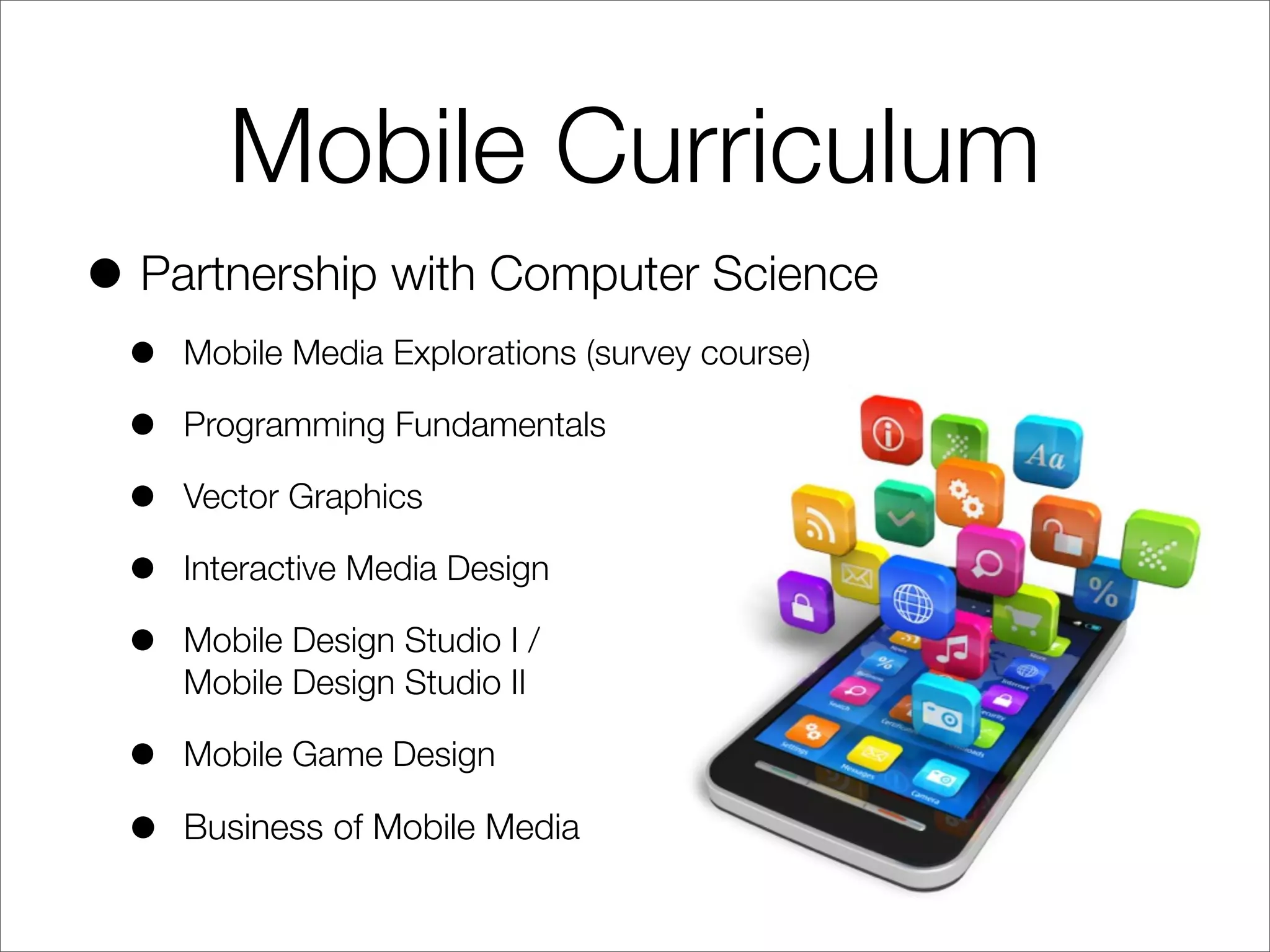 Mobile Curriculum
• Partnership with Computer Science
• Mobile Media Explorations (survey course)
• Programming Fundamentals
• Vector Graphics
• Interactive Media Design
• Mobile Design Studio I /
Mobile Design Studio II
• Mobile Game Design
• Business of Mobile Media
 