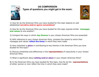 US COMPARISON
              Types of questions you might get in the exam:




1) How far do the American films you have studied for this topic depend on well
established narrative and/or genre conventions?

2) How far do the American films you have studied for this topic express similar messages
and values to one another?

3) Compare the ways in which key themes in your chosen American films are presented.

4) With reference to your chosen American films, compare the extent to which their
messages and values reflect the times in which they were made.

5) How important is place in contributing to key themes in the American films you have
studied for this topic?

6) Discuss similarities and differences in the representation of masculinity in your chosen
American films.

7) What is significant about setting and/or place in your chosen American films?

8) In the American films you have studied for this topic, how far do the representations
of either women or men reflect the time in which they were made?
 