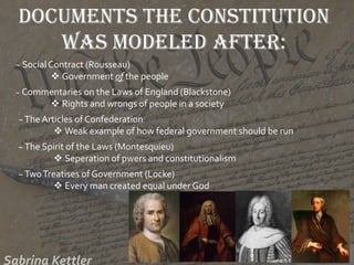 Documents the Constitution
was modeled after:
~ SocialContract (Rousseau)
 Government of the people
~ Commentaries on the Laws of England (Blackstone)
 Rights and wrongs of people in a society
~The Articles of Confederation
 Weak example of how federal government should be run
~The Spirit of the Laws (Montesquieu)
 Seperation of pwers and constitutionalism
~TwoTreatises of Government (Locke)
 Every man created equal under God
 
