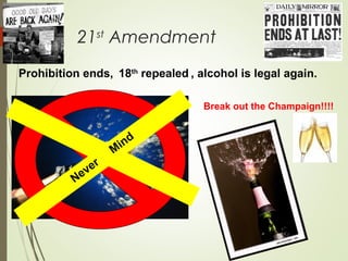 21st
Amendment
Prohibition ends, , alcohol is legal again.
Never
M
ind
Break out the Champaign!!!!
18th
repealed
 