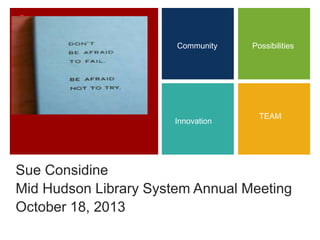 +
Sue Considine
Mid Hudson Library System Annual Meeting
October 18, 2013
Community
Innovation
TEAM
Possibilities
 