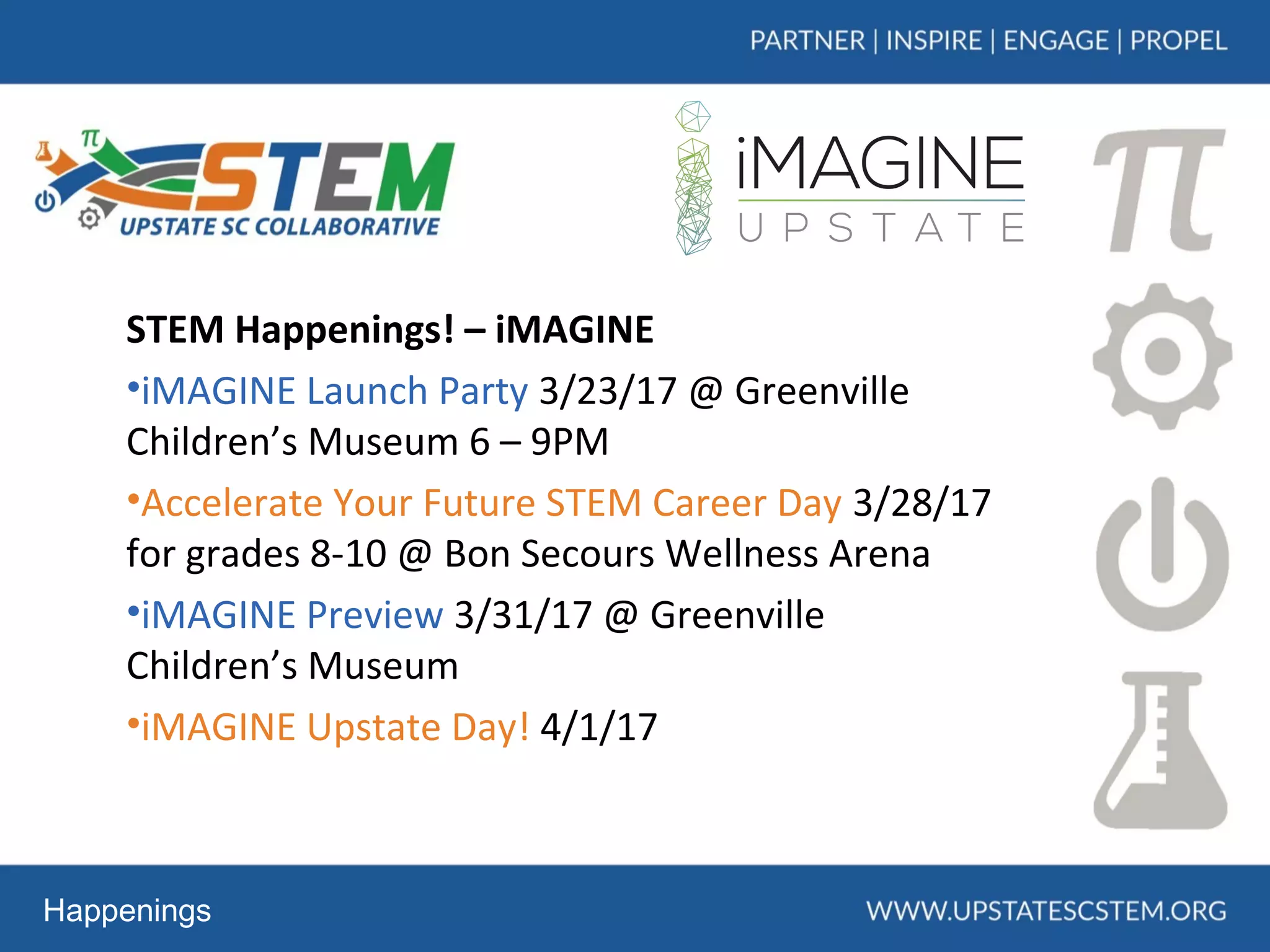 Happenings
STEM Happenings! – iMAGINE
•iMAGINE Launch Party 3/23/17 @ Greenville
Children’s Museum 6 – 9PM
•Accelerate Your Future STEM Career Day 3/28/17
for grades 8-10 @ Bon Secours Wellness Arena
•iMAGINE Preview 3/31/17 @ Greenville
Children’s Museum
•iMAGINE Upstate Day! 4/1/17
 