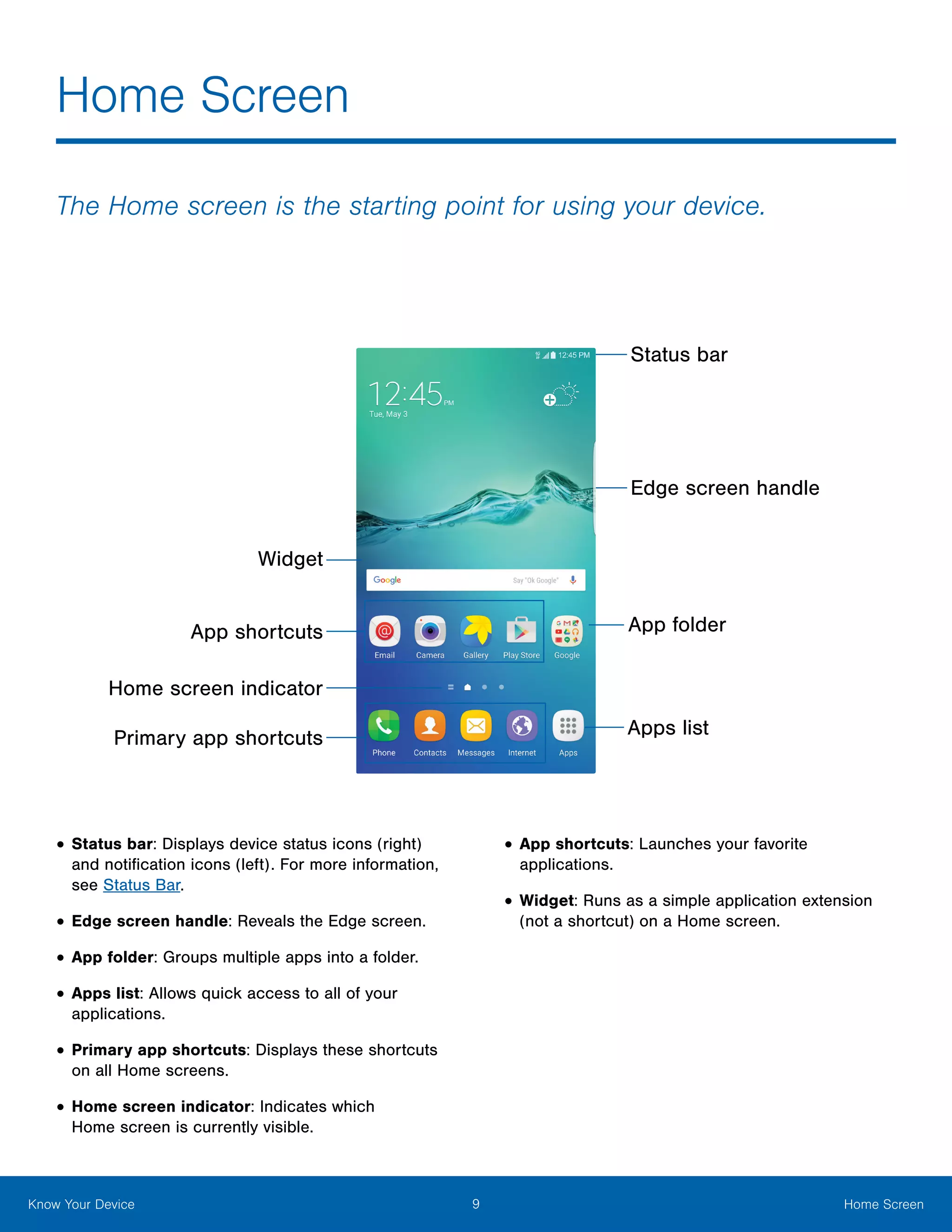 9 Home ScreenKnow Your Device
Home Screen
•	Status bar: Displays device status icons (right)
and notification icons (left). For more information,
see Status Bar.
•	Edge screen handle: Reveals the Edge screen.
•	App folder: Groups multiple apps into a folder.
•	Apps list: Allows quick access to all of your
applications.
•	Primary app shortcuts: Displays these shortcuts
on all Home screens.
•	Home screen indicator: Indicates which
Home screen is currently visible.
•	App shortcuts: Launches your favorite
applications.
•	Widget: Runs as a simple application extension
(not a shortcut) on a Home screen.
The Home screen is the starting point for using your device.
Home screen indicator
Status bar
Widget
Apps listPrimary app shortcuts
App folderApp shortcuts
Edge screen handle
 