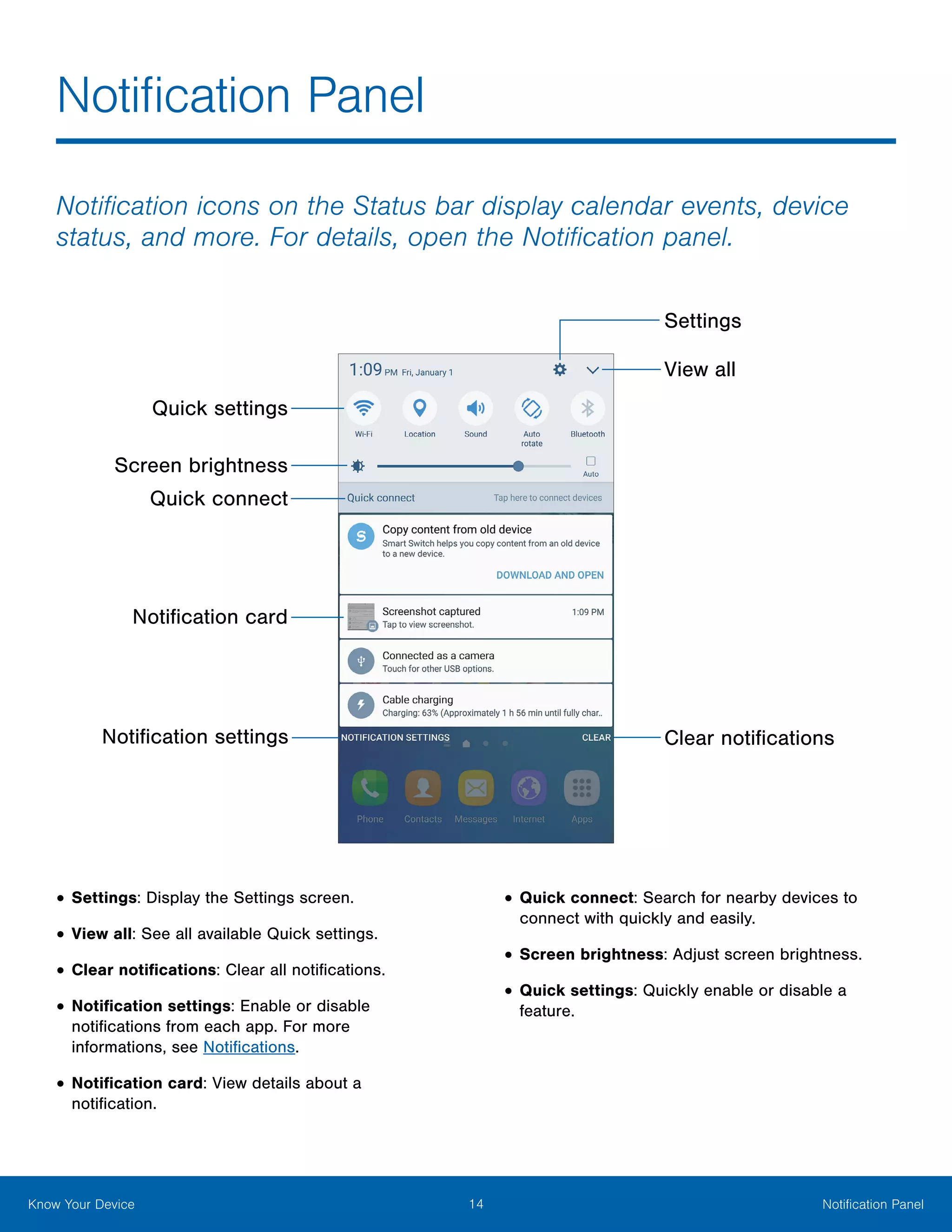 14 Notification PanelKnow Your Device
•	Settings: Display the Settings screen.
•	View all: See all available Quick settings.
•	Clear notifications: Clear all notifications.
•	Notification settings: Enable or disable
notifications from each app. For more
informations, see Notifications.
•	Notification card: View details about a
notification.
•	Quick connect: Search for nearby devices to
connect with quickly and easily.
•	Screen brightness: Adjust screen brightness.
•	Quick settings: Quickly enable or disable a
feature.
Notification Panel
Notification icons on the Status bar display calendar events, device
status, and more. For details, open the Notification panel.
Quick settings
Screen brightness
View all
Settings
Clear notifications
Notification card
Quick connect
Notification settings
 
