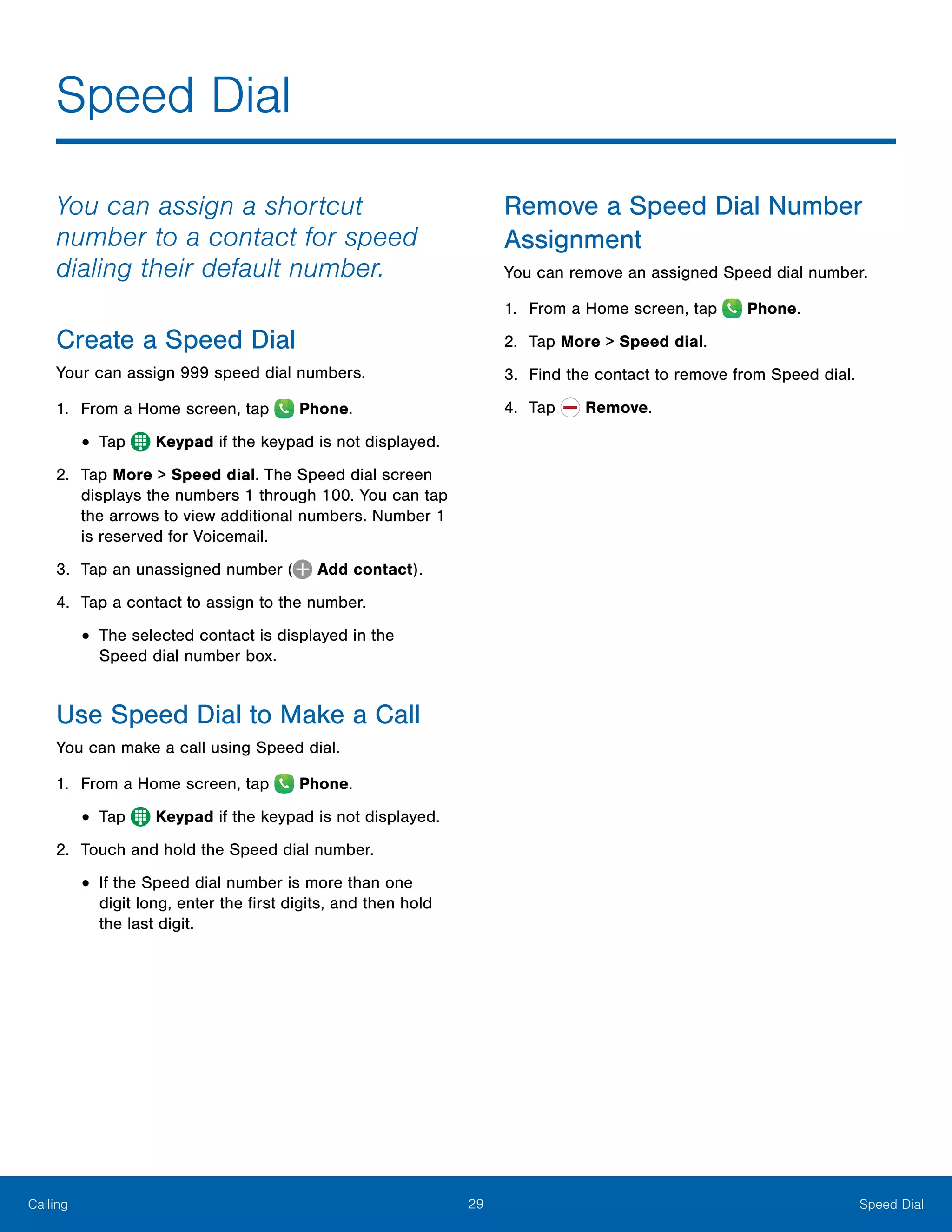 29 Speed DialCalling
Speed Dial
You can assign a shortcut
number to a contact for speed
dialing their default number.
Create a Speed Dial
Your can assign 999 speed dial numbers.
1.	 From a Home screen, tap Phone.
•	Tap  Keypad if the keypad is not displayed.
2.	 Tap More > Speed dial. The Speed dial screen
displays the numbers 1 through 100. You can tap
the arrows to view additional numbers. Number 1
is reserved for Voicemail.
3.	 Tap an unassigned number ( Add contact).
4.	 Tap a contact to assign to the number.
•	The selected contact is displayed in the
Speed dial number box.
Use Speed Dial to Make a Call
You can make a call using Speed dial.
1.	 From a Home screen, tap Phone.
•	Tap  Keypad if the keypad is not displayed.
2.	 Touch and hold the Speed dial number.
•	If the Speed dial number is more than one
digit long, enter the first digits, and then hold
the last digit.
Remove a Speed Dial Number
Assignment
You can remove an assigned Speed dial number.
1.	 From a Home screen, tap Phone.
2.	 Tap More > Speed dial.
3.	 Find the contact to remove from Speed dial.
4.	 Tap Remove.
 
