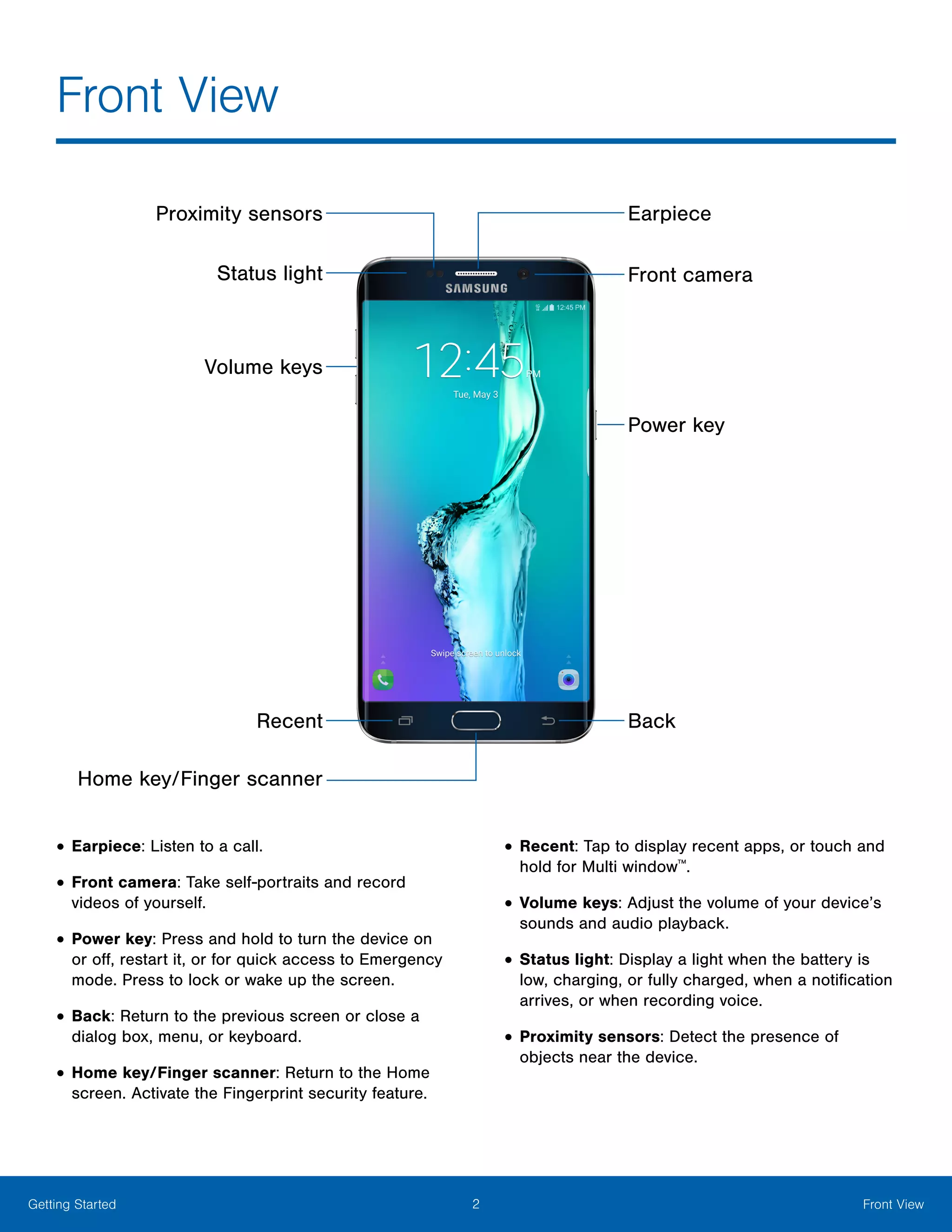 2 Front ViewGetting Started
Front View
•	Earpiece: Listen to a call.
•	Front camera: Take self-portraits and record
videos of yourself.
•	Power key: Press and hold to turn the device on
or off, restart it, or for quick access to Emergency
mode. Press to lock or wake up the screen.
•	Back: Return to the previous screen or close a
dialog box, menu, or keyboard.
•	Home key/Finger scanner: Return to the Home
screen. Activate the Fingerprint security feature.
•	Recent: Tap to display recent apps, or touch and
hold for Multi window™
.
•	Volume keys: Adjust the volume of your device’s
sounds and audio playback.
•	Status light: Display a light when the battery is
low, charging, or fully charged, when a notification
arrives, or when recording voice.
•	Proximity sensors: Detect the presence of
objects near the device.
Front cameraStatus light
Proximity sensors
Home key/Finger scanner
Power key
Volume keys
Earpiece
BackRecent
 
