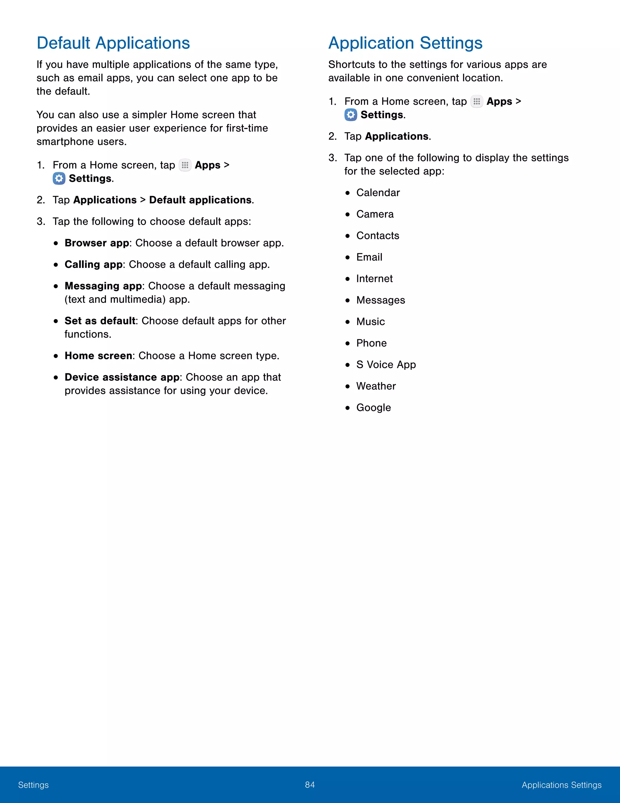 84 Applications SettingsSettings
Default Applications
If you have multiple applications of the same type,
such as email apps, you can select one app to be
the default.
You can also use a simpler Home screen that
provides an easier user experience for first-time
smartphone users.
1.	 From a Home screen, tap Apps >
 Settings.
2.	 Tap Applications > Default applications.
3.	 Tap the following to choose default apps:
•	Browser app: Choose a default browser app.
•	Calling app: Choose a default calling app.
•	Messaging app: Choose a default messaging
(text and multimedia) app.
•	Set as default: Choose default apps for other
functions.
•	Home screen: Choose a Home screen type.
•	Device assistance app: Choose an app that
provides assistance for using your device.
Application Settings
Shortcuts to the settings for various apps are
available in one convenient location.
1.	 From a Home screen, tap Apps >
 Settings.
2.	 Tap Applications.
3.	 Tap one of the following to display the settings
for the selected app:
•	Calendar
•	Camera
•	Contacts
•	Email
•	Internet
•	Messages
•	Music
•	Phone
•	S Voice App
•	Weather
•	Google
 