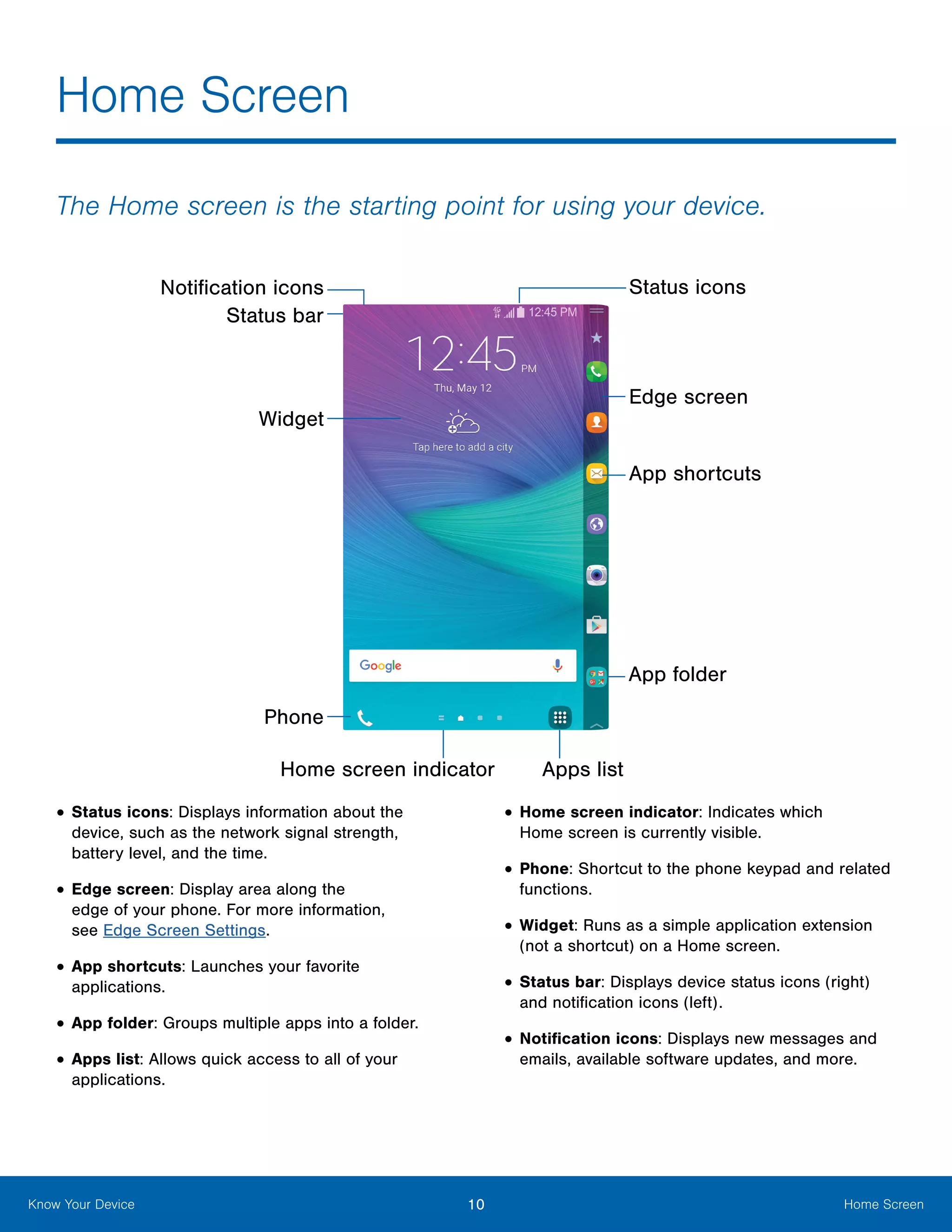 10 Home ScreenKnow Your Device
Home Screen
The Home screen is the starting point for using your device.
Status iconsNotification icons
Home screen indicator
Status bar
Widget
Apps list
App shortcuts
App folder
Edge screen
Phone
•	Status icons: Displays information about the
device, such as the network signal strength,
battery level, and the time.
•	Edge screen: Display area along the
edge of your phone. For more information,
see Edge Screen Settings.
•	App shortcuts: Launches your favorite
applications.
•	App folder: Groups multiple apps into a folder.
•	Apps list: Allows quick access to all of your
applications.
•	Home screen indicator: Indicates which
Home screen is currently visible.
•	Phone: Shortcut to the phone keypad and related
functions.
•	Widget: Runs as a simple application extension
(not a shortcut) on a Home screen.
•	Status bar: Displays device status icons (right)
and notification icons (left).
•	Notification icons: Displays new messages and
emails, available software updates, and more.
 