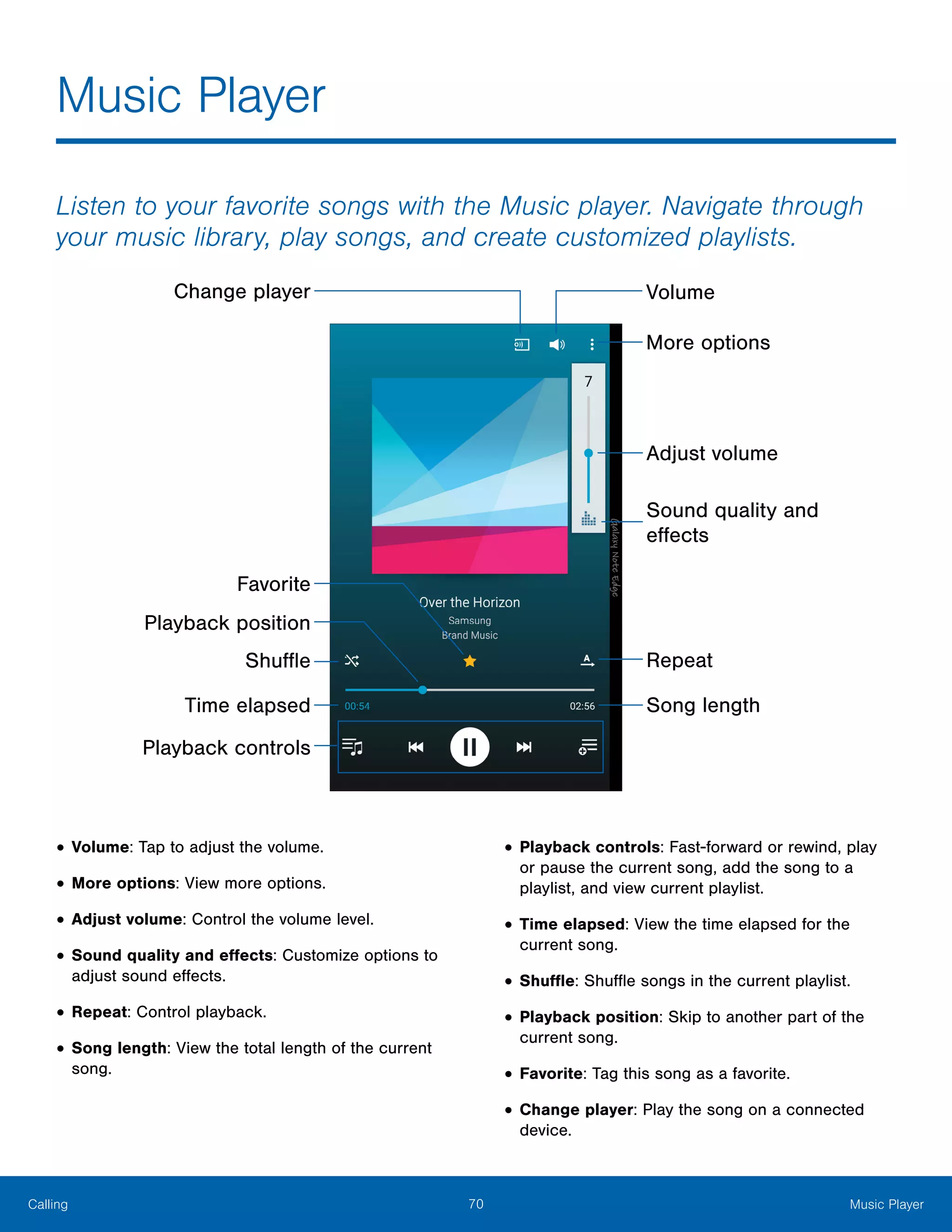 70 Music PlayerCalling
Listen to your favorite songs with the Music player. Navigate through
your music library, play songs, and create customized playlists.
Adjust volume
More options
Change player
Sound quality and
effects
Repeat
Song length
Playback controls
Time elapsed
Shuffle
Favorite
Playback position
Volume
•	Volume: Tap to adjust the volume.
•	More options: View more options.
•	Adjust volume: Control the volume level.
•	Sound quality and effects: Customize options to
adjust sound effects.
•	Repeat: Control playback.
•	Song length: View the total length of the current
song.
•	Playback controls: Fast-forward or rewind, play
or pause the current song, add the song to a
playlist, and view current playlist.
•	Time elapsed: View the time elapsed for the
current song.
•	Shuffle: Shuffle songs in the current playlist.
•	Playback position: Skip to another part of the
current song.
•	Favorite: Tag this song as a favorite.
•	Change player: Play the song on a connected
device.
Music Player
 