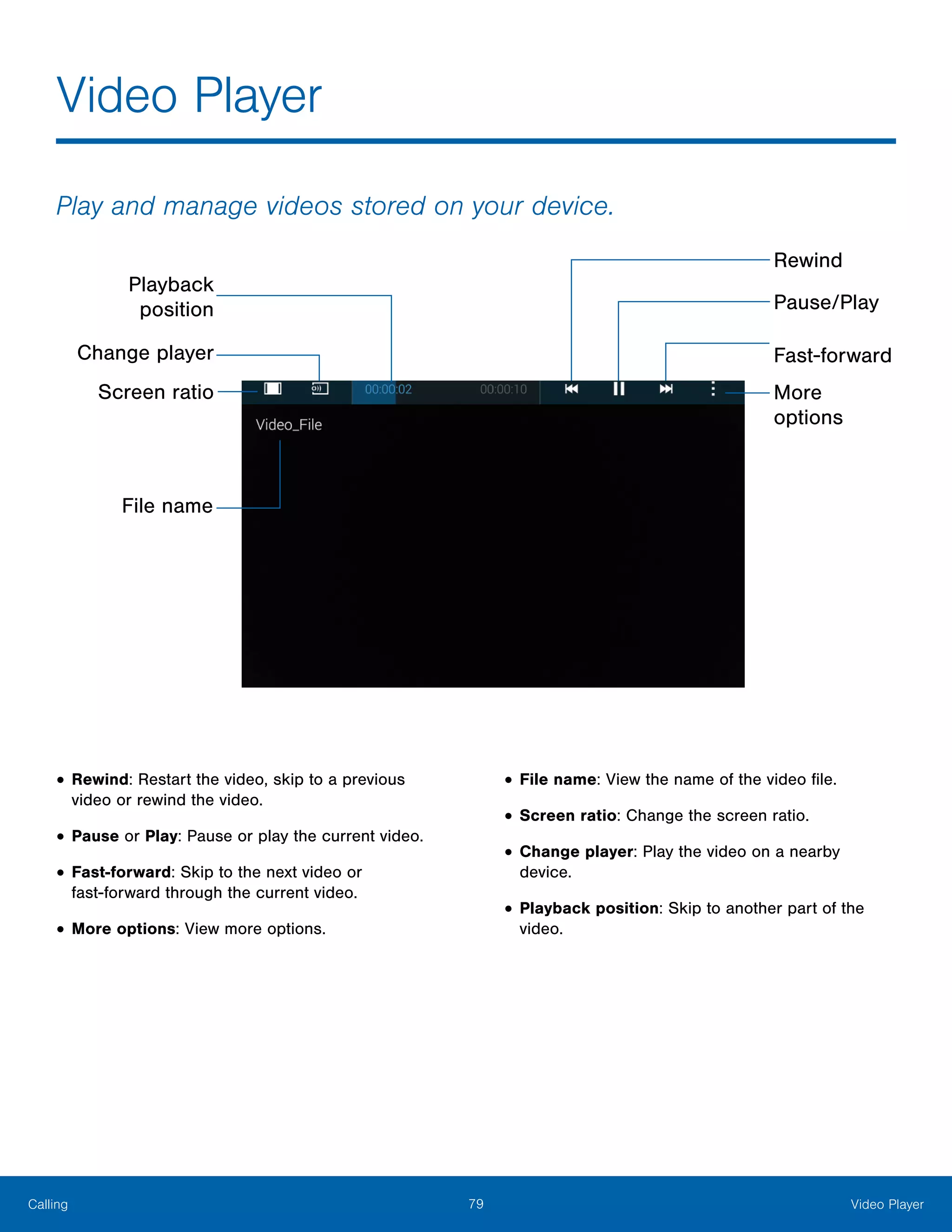 79 Video PlayerCalling
Play and manage videos stored on your device.
File name
Pause/Play
Rewind
More
options
Screen ratio
Fast-forwardChange player
Playback
position
•	Rewind: Restart the video, skip to a previous
video or rewind the video.
•	Pause or Play: Pause or play the current video.
•	Fast-forward: Skip to the next video or
fast‑forward through the current video.
•	More options: View more options.
•	File name: View the name of the video file.
•	Screen ratio: Change the screen ratio.
•	Change player: Play the video on a nearby
device.
•	Playback position: Skip to another part of the
video.
Video Player
 