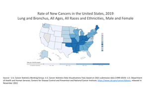 Rate of New Cancers in the United States, 2019
Lung and Bronchus, All Ages, All Races and Ethnicities, Male and Female
Source - U.S. Cancer Statistics Working Group. U.S. Cancer Statistics Data Visualizations Tool, based on 2021 submission data (1999-2019): U.S. Department
of Health and Human Services, Centers for Disease Control and Prevention and National Cancer Institute; https://www.cdc.gov/cancer/dataviz, released in
November 2022.
 