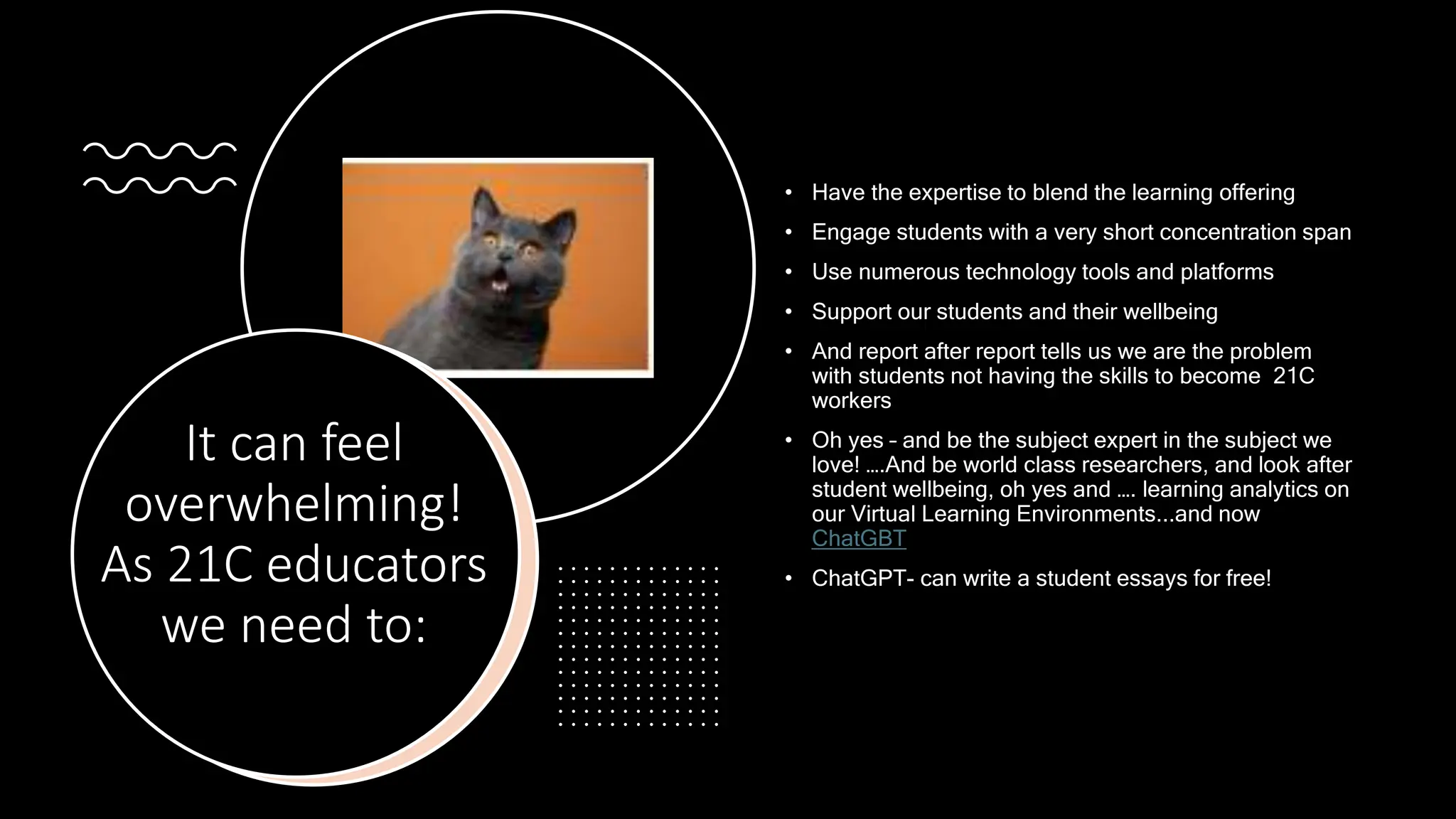 It can feel
overwhelming!
As 21C educators
we need to:
• Have the expertise to blend the learning offering
• Engage students with a very short concentration span
• Use numerous technology tools and platforms
• Support our students and their wellbeing
• And report after report tells us we are the problem
with students not having the skills to become 21C
workers
• Oh yes – and be the subject expert in the subject we
love! ….And be world class researchers, and look after
student wellbeing, oh yes and …. learning analytics on
our Virtual Learning Environments...and now
ChatGBT
• ChatGPT- can write a student essays for free!
 