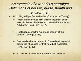 An example of a theorist’s paradigm.
Definitions of person, nurse, health and
               environment
   According to Myra Estrine Levine (Conservation Theory) :
     "From the moment of birth until the instant of death,
       every individual cherishes and defends his wholeness.
       "(Schaefer, Pond 1991, p. 17)

       Health represents the "unity and integrity of the
        patient." (George,p.185)

       "Nursing is a human interaction" based on the goal of
        promoting wholeness for that individual. (Schaefer,
        Pond, 1991,p. 23)

       A patient's environment is internal and external.
 