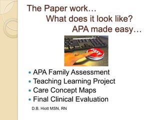 The Paper work…
    What does it look like?
          APA made easy…




 APA Family Assessment
 Teaching Learning Project
 Final Clinical Evaluation

    D.B. Hiott MSN, RN
 