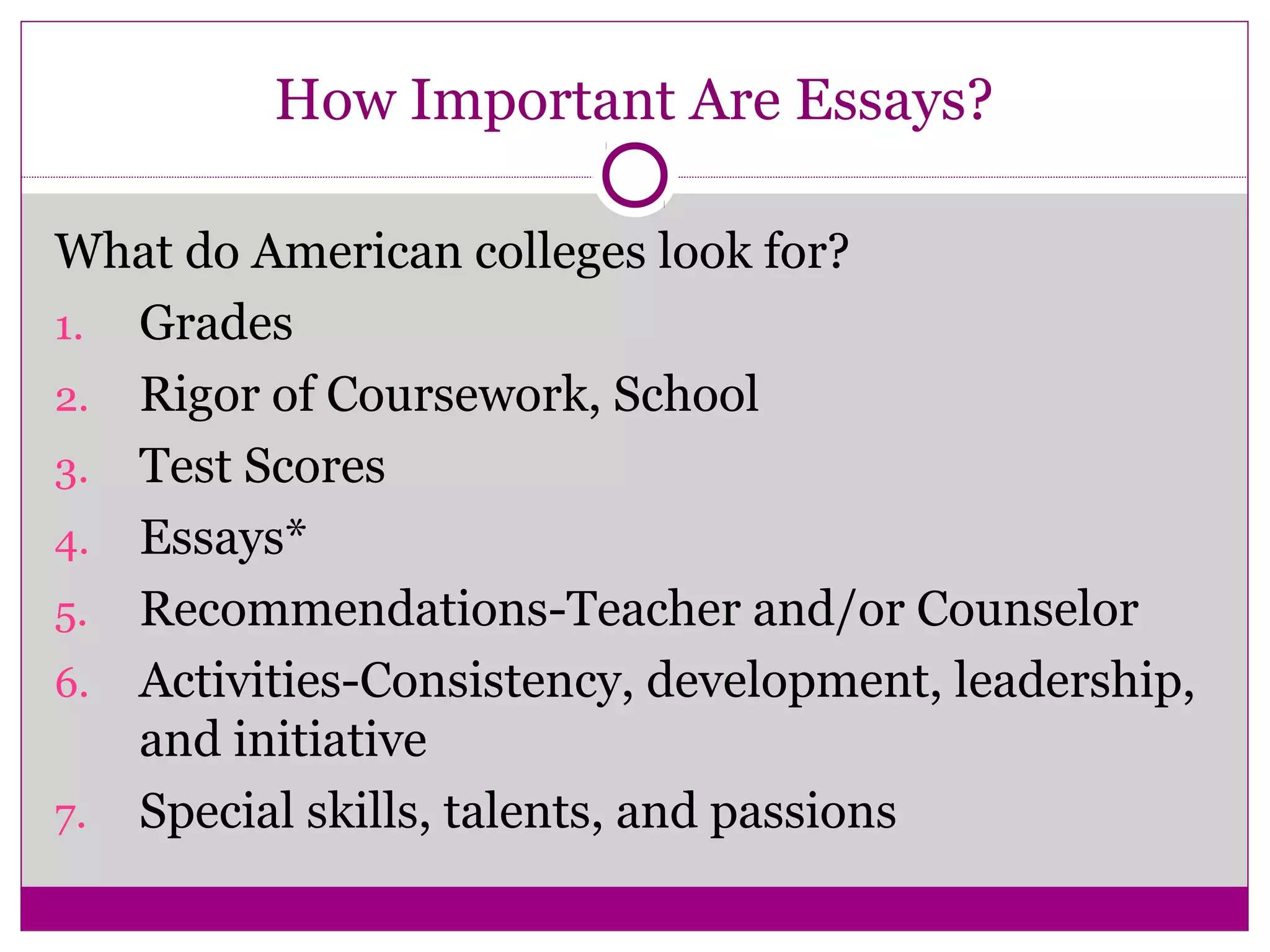 How Important Are Essays? 
What do American colleges look for? 
1. Grades 
2. Rigor of Coursework, School 
3. Test Scores 
4. Essays* 
5. Recommendations-Teacher and/or Counselor 
6. Activities-Consistency, development, leadership, 
and initiative 
7. Special skills, talents, and passions 
 