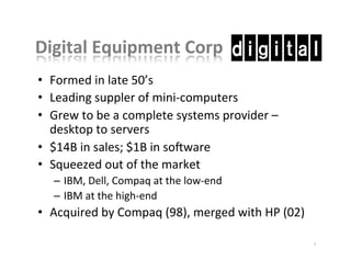 Digital	
  Equipment	
  Corp	
  
•  Formed	
  in	
  late	
  50’s	
  
•  Leading	
  suppler	
  of	
  mini-­‐computers	
  
•  Grew	
  to	
  be	
  a	
  complete	
  systems	
  provider	
  –	
  
desktop	
  to	
  servers	
  
•  $14B	
  in	
  sales;	
  $1B	
  in	
  soNware	
  
•  Squeezed	
  out	
  of	
  the	
  market	
  
–  IBM,	
  Dell,	
  Compaq	
  at	
  the	
  low-­‐end	
  
–  IBM	
  at	
  the	
  high-­‐end	
  
•  Acquired	
  by	
  Compaq	
  (98),	
  merged	
  with	
  HP	
  (02)	
  
7	
  
 