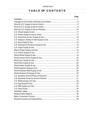 WASDE-508-7

                            T A B L E OF C O N T E N T S

                                                                                                                    Page
Highlights ............................................................................................................... 1
Interagency Commodity Estimates Committees ..................................................... 6
World & U.S. Supply & Use for Grains ................................................................... 8
World & U.S. Supply & Use for Cotton ................................................................... 9
World & U.S. Supply & Use for Oilseeds .............................................................. 10
U.S. Wheat Supply & Use .................................................................................... 11
U.S. Wheat Supply & Use by Class ..................................................................... 11
U.S. Feed Grain & Corn Supply & Use ................................................................ 12
U.S. Sorghum, Barley & Oats Supply & Use ........................................................ 13
U.S. Rice Supply & Use ....................................................................................... 14
U.S. Soybeans & Products Supply & Use ............................................................ 15
U.S. Sugar Supply & Use ..................................................................................... 16
Mexico Sugar Supply and Use ............................................................................. 16
U.S. Cotton Supply & Use .................................................................................... 17
World Wheat Supply & Use.................................................................................. 18
World Coarse Grains Supply & Use ..................................................................... 20
World Corn Supply & Use .................................................................................... 22
World Rice Supply & Use ..................................................................................... 24
World Cotton Supply & Use ................................................................................. 26
World Soybean Supply & Use .............................................................................. 28
World Soybean Meal Supply & Use ..................................................................... 29
World Soybean Oil Supply & Use......................................................................... 30
U.S. Quarterly Animal Product Production ........................................................... 31
U.S. Quarterly Prices for Animal Products ........................................................... 31
U.S. Meats Supply and Use ................................................................................. 32
U.S. Egg Supply & Use ........................................................................................ 33
U.S. Milk Supply and Use .................................................................................... 33
U.S. Dairy Prices ................................................................................................. 34
Reliability Tables ................................................................................................. 35
Related USDA Reports ........................................................................................ 38
Metric Conversion Factors ................................................................................... 38
Electronic Access and Subscriptions ....................................................................... 40
 