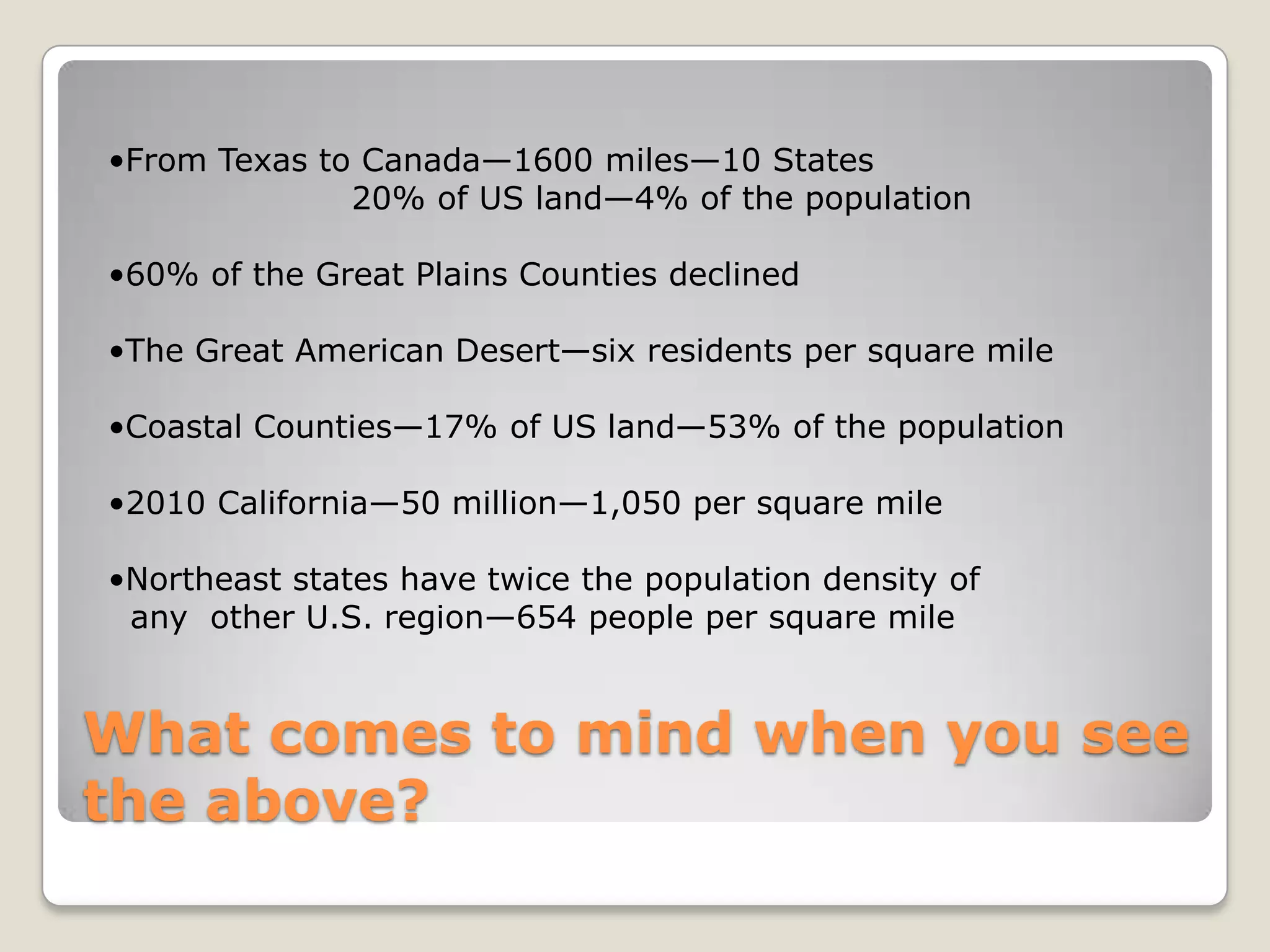 What comes to mind when you see the above?From Texas to Canada—1600 miles—10 States  20% of US land—4% of the population60% of the Great Plains Counties declined