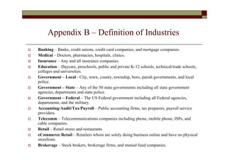 Appendix B – Definition of Industries
   Banking – Banks, credit unions, credit card companies, and mortgage companies.
   Medical – Doctors, pharmacies, hospitals, clinics.
   Insurance – Any and all insurance companies.
   Education – Daycare, preschools, public and private K-12 schools, technical/trade schools,
    colleges and universities.
   Government – Local - City, town, county, township, boro, parish governments, and local
    police.
   Government – State – Any of the 50 state governments including all state government
    agencies, departments and state police.
   Government – Federal – The US Federal government including all Federal agencies,
    departments, and the military.
   Accounting/Audit/Tax/Payroll – Public accounting firms, tax preparers, payroll service
    providers.
   Telecomm – Telecommunications companies including phone, mobile phone, ISPs, and
    cable companies.
   Retail – Retail stores and restaurants
   eCommerce Retail – Retailers whom are solely doing business online and have no physical
    storefront.
   Brokerage – Stock brokers, brokerage firms, and mutual fund companies.
 