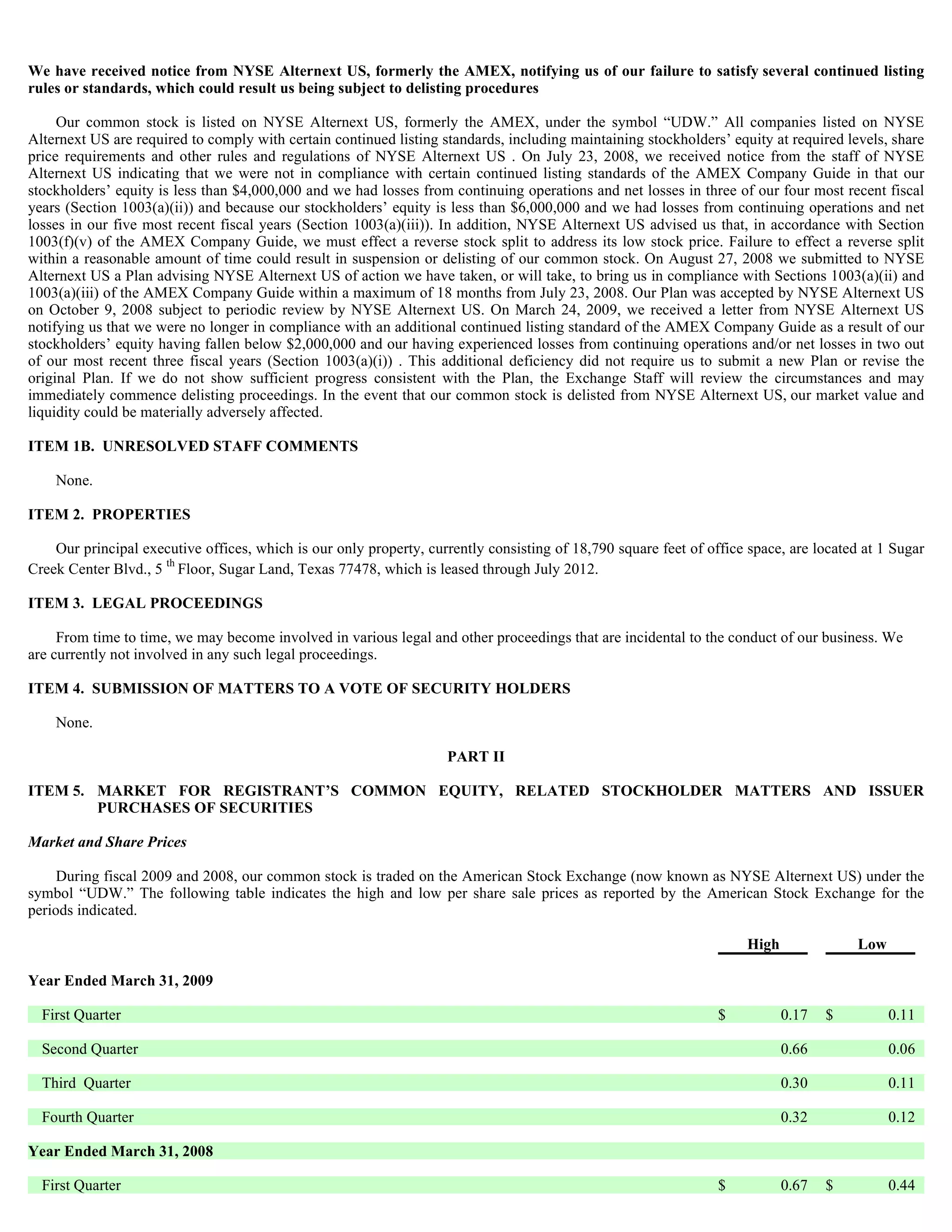 We have received notice from NYSE Alternext US, formerly the AMEX, notifying us of our failure to satisfy several continued listing
rules or standards, which could result us being subject to delisting procedures

     Our common stock is listed on NYSE Alternext US, formerly the AMEX, under the symbol “UDW.” All companies listed on NYSE
Alternext US are required to comply with certain continued listing standards, including maintaining stockholders’ equity at required levels, share
price requirements and other rules and regulations of NYSE Alternext US . On July 23, 2008, we received notice from the staff of NYSE
Alternext US indicating that we were not in compliance with certain continued listing standards of the AMEX Company Guide in that our
stockholders’ equity is less than $4,000,000 and we had losses from continuing operations and net losses in three of our four most recent fiscal
years (Section 1003(a)(ii)) and because our stockholders’ equity is less than $6,000,000 and we had losses from continuing operations and net
losses in our five most recent fiscal years (Section 1003(a)(iii)). In addition, NYSE Alternext US advised us that, in accordance with Section
1003(f)(v) of the AMEX Company Guide, we must effect a reverse stock split to address its low stock price. Failure to effect a reverse split
within a reasonable amount of time could result in suspension or delisting of our common stock. On August 27, 2008 we submitted to NYSE
Alternext US a Plan advising NYSE Alternext US of action we have taken, or will take, to bring us in compliance with Sections 1003(a)(ii) and
1003(a)(iii) of the AMEX Company Guide within a maximum of 18 months from July 23, 2008. Our Plan was accepted by NYSE Alternext US
on October 9, 2008 subject to periodic review by NYSE Alternext US. On March 24, 2009, we received a letter from NYSE Alternext US
notifying us that we were no longer in compliance with an additional continued listing standard of the AMEX Company Guide as a result of our
stockholders’ equity having fallen below $2,000,000 and our having experienced losses from continuing operations and/or net losses in two out
of our most recent three fiscal years (Section 1003(a)(i)) . This additional deficiency did not require us to submit a new Plan or revise the
original Plan. If we do not show sufficient progress consistent with the Plan, the Exchange Staff will review the circumstances and may
immediately commence delisting proceedings. In the event that our common stock is delisted from NYSE Alternext US, our market value and
liquidity could be materially adversely affected.

ITEM 1B. UNRESOLVED STAFF COMMENTS

    None.

ITEM 2. PROPERTIES

    Our principal executive offices, which is our only property, currently consisting of 18,790 square feet of office space, are located at 1 Sugar
Creek Center Blvd., 5 th Floor, Sugar Land, Texas 77478, which is leased through July 2012.

ITEM 3. LEGAL PROCEEDINGS

     From time to time, we may become involved in various legal and other proceedings that are incidental to the conduct of our business. We
are currently not involved in any such legal proceedings.

ITEM 4. SUBMISSION OF MATTERS TO A VOTE OF SECURITY HOLDERS

    None.

                                                                    PART II

ITEM 5. MARKET FOR REGISTRANT’S COMMON EQUITY, RELATED STOCKHOLDER MATTERS AND ISSUER
        PURCHASES OF SECURITIES

Market and Share Prices

     During fiscal 2009 and 2008, our common stock is traded on the American Stock Exchange (now known as NYSE Alternext US) under the
symbol “UDW.” The following table indicates the high and low per share sale prices as reported by the American Stock Exchange for the
periods indicated.

                                                                                                                     High               Low

Year Ended March 31, 2009

  First Quarter                                                                                                  $          0.17   $          0.11

  Second Quarter                                                                                                            0.66              0.06

  Third Quarter                                                                                                             0.30              0.11

  Fourth Quarter                                                                                                            0.32              0.12

Year Ended March 31, 2008

  First Quarter                                                                                                  $          0.67   $          0.44
 