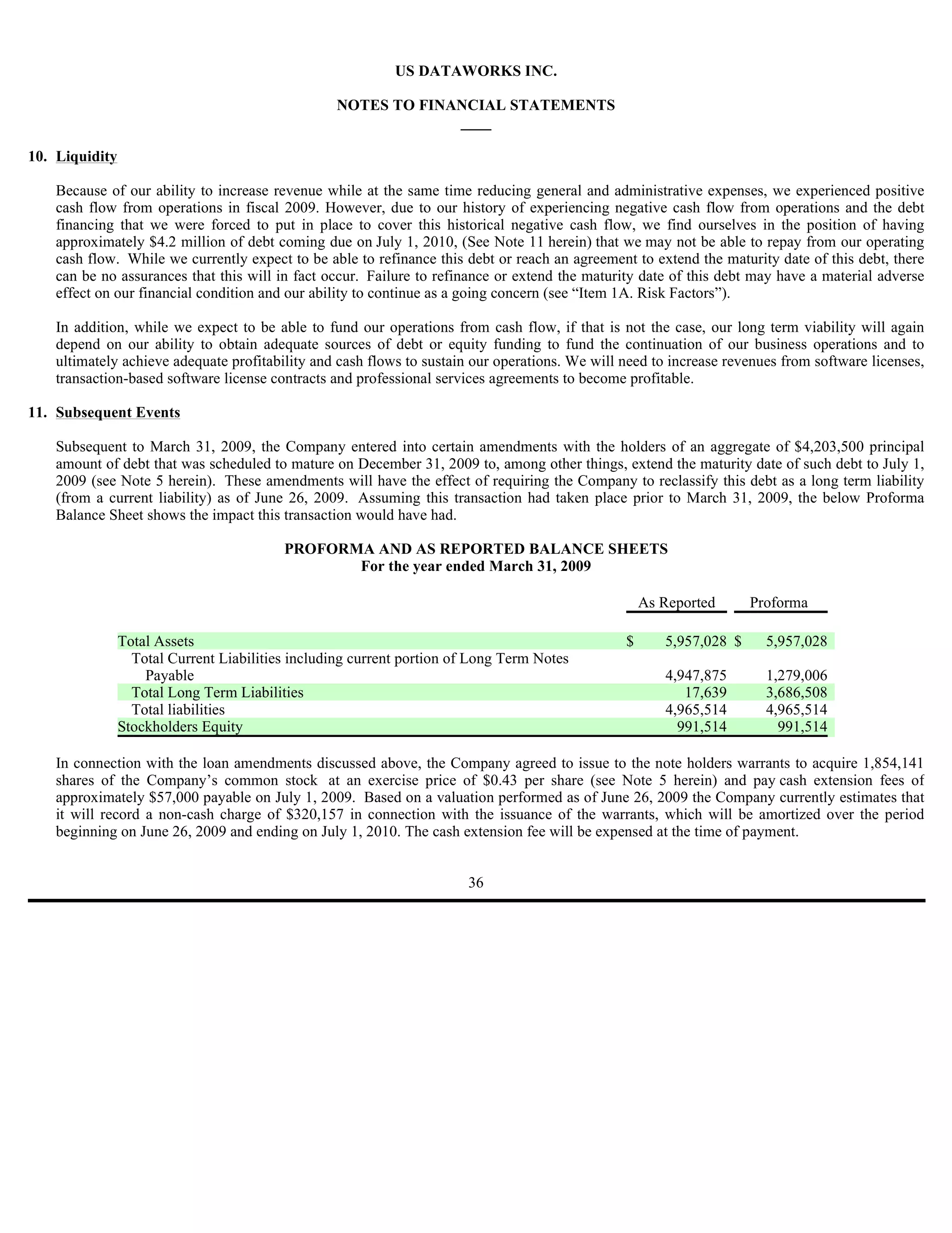 US DATAWORKS INC.

                                                  NOTES TO FINANCIAL STATEMENTS
                                                               ____

10. Liquidity

    Because of our ability to increase revenue while at the same time reducing general and administrative expenses, we experienced positive
    cash flow from operations in fiscal 2009. However, due to our history of experiencing negative cash flow from operations and the debt
    financing that we were forced to put in place to cover this historical negative cash flow, we find ourselves in the position of having
    approximately $4.2 million of debt coming due on July 1, 2010, (See Note 11 herein) that we may not be able to repay from our operating
    cash flow. While we currently expect to be able to refinance this debt or reach an agreement to extend the maturity date of this debt, there
    can be no assurances that this will in fact occur. Failure to refinance or extend the maturity date of this debt may have a material adverse
    effect on our financial condition and our ability to continue as a going concern (see “Item 1A. Risk Factors”).

    In addition, while we expect to be able to fund our operations from cash flow, if that is not the case, our long term viability will again
    depend on our ability to obtain adequate sources of debt or equity funding to fund the continuation of our business operations and to
    ultimately achieve adequate profitability and cash flows to sustain our operations. We will need to increase revenues from software licenses,
    transaction-based software license contracts and professional services agreements to become profitable.

11. Subsequent Events

    Subsequent to March 31, 2009, the Company entered into certain amendments with the holders of an aggregate of $4,203,500 principal
    amount of debt that was scheduled to mature on December 31, 2009 to, among other things, extend the maturity date of such debt to July 1,
    2009 (see Note 5 herein). These amendments will have the effect of requiring the Company to reclassify this debt as a long term liability
    (from a current liability) as of June 26, 2009. Assuming this transaction had taken place prior to March 31, 2009, the below Proforma
    Balance Sheet shows the impact this transaction would have had.

                                          PROFORMA AND AS REPORTED BALANCE SHEETS
                                                 For the year ended March 31, 2009

                                                                                                    As Reported      Proforma

                Total Assets                                                                    $      5,957,028 $     5,957,028
                  Total Current Liabilities including current portion of Long Term Notes
                    Payable                                                                            4,947,875       1,279,006
                  Total Long Term Liabilities                                                             17,639       3,686,508
                  Total liabilities                                                                    4,965,514       4,965,514
                Stockholders Equity                                                                      991,514         991,514

    In connection with the loan amendments discussed above, the Company agreed to issue to the note holders warrants to acquire 1,854,141
    shares of the Company’s common stock at an exercise price of $0.43 per share (see Note 5 herein) and pay cash extension fees of
    approximately $57,000 payable on July 1, 2009. Based on a valuation performed as of June 26, 2009 the Company currently estimates that
    it will record a non-cash charge of $320,157 in connection with the issuance of the warrants, which will be amortized over the period
    beginning on June 26, 2009 and ending on July 1, 2010. The cash extension fee will be expensed at the time of payment.


                                                                       36
 