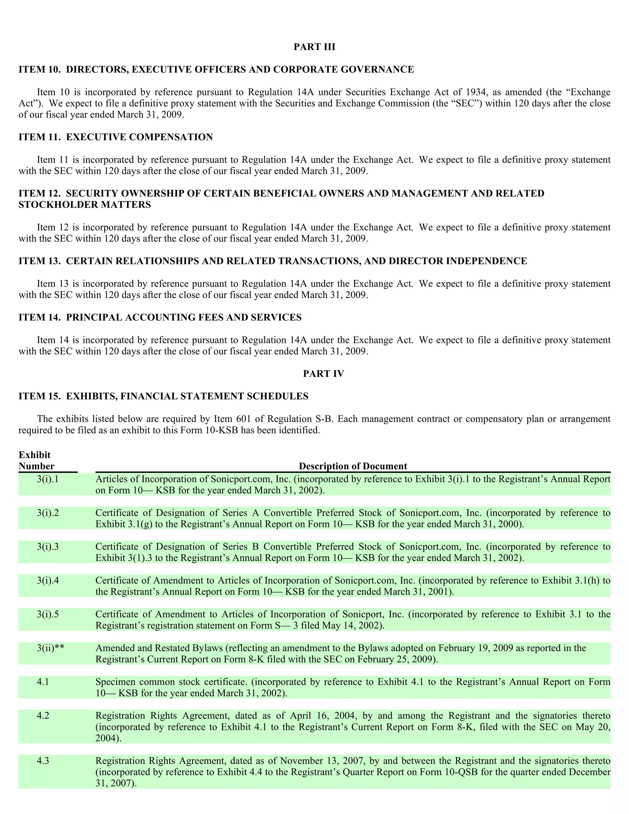 PART III

ITEM 10. DIRECTORS, EXECUTIVE OFFICERS AND CORPORATE GOVERNANCE

    Item 10 is incorporated by reference pursuant to Regulation 14A under Securities Exchange Act of 1934, as amended (the “Exchange
Act”). We expect to file a definitive proxy statement with the Securities and Exchange Commission (the “SEC”) within 120 days after the close
of our fiscal year ended March 31, 2009.

ITEM 11. EXECUTIVE COMPENSATION

    Item 11 is incorporated by reference pursuant to Regulation 14A under the Exchange Act. We expect to file a definitive proxy statement
with the SEC within 120 days after the close of our fiscal year ended March 31, 2009.

ITEM 12. SECURITY OWNERSHIP OF CERTAIN BENEFICIAL OWNERS AND MANAGEMENT AND RELATED
STOCKHOLDER MATTERS

    Item 12 is incorporated by reference pursuant to Regulation 14A under the Exchange Act. We expect to file a definitive proxy statement
with the SEC within 120 days after the close of our fiscal year ended March 31, 2009.

ITEM 13. CERTAIN RELATIONSHIPS AND RELATED TRANSACTIONS, AND DIRECTOR INDEPENDENCE

    Item 13 is incorporated by reference pursuant to Regulation 14A under the Exchange Act. We expect to file a definitive proxy statement
with the SEC within 120 days after the close of our fiscal year ended March 31, 2009.

ITEM 14. PRINCIPAL ACCOUNTING FEES AND SERVICES

    Item 14 is incorporated by reference pursuant to Regulation 14A under the Exchange Act. We expect to file a definitive proxy statement
with the SEC within 120 days after the close of our fiscal year ended March 31, 2009.

                                                                     PART IV

ITEM 15. EXHIBITS, FINANCIAL STATEMENT SCHEDULES

    The exhibits listed below are required by Item 601 of Regulation S-B. Each management contract or compensatory plan or arrangement
required to be filed as an exhibit to this Form 10-KSB has been identified.

Exhibit
Number                                                               Description of Document
   3(i).1         Articles of Incorporation of Sonicport.com, Inc. (incorporated by reference to Exhibit 3(i).1 to the Registrant’s Annual Report
                  on Form 10— KSB for the year ended March 31, 2002).

    3(i).2        Certificate of Designation of Series A Convertible Preferred Stock of Sonicport.com, Inc. (incorporated by reference to
                  Exhibit 3.1(g) to the Registrant’s Annual Report on Form 10— KSB for the year ended March 31, 2000).

    3(i).3        Certificate of Designation of Series B Convertible Preferred Stock of Sonicport.com, Inc. (incorporated by reference to
                  Exhibit 3(1).3 to the Registrant’s Annual Report on Form 10— KSB for the year ended March 31, 2002).

    3(i).4        Certificate of Amendment to Articles of Incorporation of Sonicport.com, Inc. (incorporated by reference to Exhibit 3.1(h) to
                  the Registrant’s Annual Report on Form 10— KSB for the year ended March 31, 2001).

    3(i).5        Certificate of Amendment to Articles of Incorporation of Sonicport, Inc. (incorporated by reference to Exhibit 3.1 to the
                  Registrant’s registration statement on Form S— 3 filed May 14, 2002).

    3(ii)**       Amended and Restated Bylaws (reflecting an amendment to the Bylaws adopted on February 19, 2009 as reported in the
                  Registrant’s Current Report on Form 8-K filed with the SEC on February 25, 2009).

    4.1           Specimen common stock certificate. (incorporated by reference to Exhibit 4.1 to the Registrant’s Annual Report on Form
                  10— KSB for the year ended March 31, 2002).

    4.2           Registration Rights Agreement, dated as of April 16, 2004, by and among the Registrant and the signatories thereto
                  (incorporated by reference to Exhibit 4.1 to the Registrant’s Current Report on Form 8-K, filed with the SEC on May 20,
                  2004).

    4.3           Registration Rights Agreement, dated as of November 13, 2007, by and between the Registrant and the signatories thereto
                  (incorporated by reference to Exhibit 4.4 to the Registrant’s Quarter Report on Form 10-QSB for the quarter ended December
                  31, 2007).
 