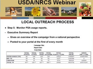 Slide 1
USDA/NRCS Webinar
Local PSA Outreach
Presented by:
Bill Goodwill
NRCS PSA Distributor
LOCAL OUTREACH PROCESS
● Step 5: Monitor PSA usage reports.
- Executive Summary Report
-- Gives an overview of the campaign from a national perspective
-- Posted to your portal at the first of every month
 