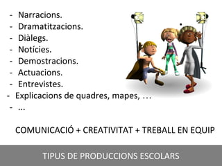 CRÈDIT DE LA PRESENTACIÓ
- Narracions.
- Dramatitzacions.
- Diàlegs.
- Notícies.
- Demostracions.
- Actuacions.
- Entrevistes.
- Explicacions de quadres, mapes, …
- ...
COMUNICACIÓ + CREATIVITAT + TREBALL EN EQUIP
TIPUS DE PRODUCCIONS ESCOLARS
 
