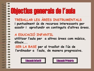 TREBALLAR LES ÀREES INSTRUMENTALS   i puntualment ús de recursos interessants per  assolir i  aprofundir en continguts d’altres àrees. Educació Infantil Objectius generals de l'aula A EDUCACIÓ INFANTIL   utilitzar l’aula per  a altres àrees com música, dibuix... SER LA BASE  per al trasllat de l’ús de l’ordinador a  l’aula, de manera progressiva. Educació Primària 