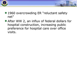 1960 overcrowding ER “reluctant safety net” After WW 2, an influx of federal dollars for hospital construction, increasing public preference for hospital care over office visits. 
