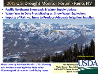 Photo taken by Ray Gadd March 11, 2015 looking
east and south over Big Wood River valley
illustrating lack of snow on south facing slopes.
Photo by Ray Gadd
Ron Abramovich
Water Supply Specialist
USDA NRCS Snow Survey
Boise, Idaho
• Pacific Northwest Snowpack & Water Supply Update
• Water Year to Date Precipitating vs. Snow Water Equivalent
• Impacts of Rain vs. Snow to Produce Adequate Irrigation Supplies
 