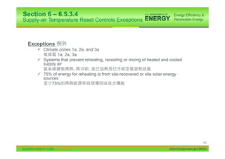 Section 6 – 6.5.3.4
Supply-air Temperature Reset Controls Exceptions



  Exceptions
     9 Climate zones 1a, 2a, and 3a
              1a, 2a, 3a
     9 Systems that prevent reheating, recooling or mixing of heated and cooled
       supply air
                       ,      ,
     9 75% of energy for reheating is from site-recovered or site solar energy
       sources
           75%




                                                                                             104

                                                                        www.energycodes.gov/BECU
 