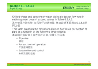 Section 6 – 6.5.4.5
Pipe Sizing


 Chilled-water and condenser-water piping so design flow rate in
 each segment doesn’t exceed values in Table 6.5.4.5.
                   ,                 ,                  6.5.4.5

 This table presents the maximum allowed flow rates per section of
 pipe as a function of the following three criteria:
                                   ,
     – Pipe size

     – Annual hours of operation

     – System flow and control



                                                                           112

                                                      www.energycodes.gov/BECU
 