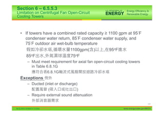 Section 6 – 6.5.5.3
Limitation on Centrifugal Fan Open-Circuit
Cooling Towers



 • If towers have a combined rated capacity • 1100 gpm at 95 F
   condenser water return, 85 F condenser water supply, and
   75 F outdoor air wet-bulb temperature
                 ,         1100gpm( )      , 95oF
    85oF     ,             75oF
     – Must meet requirement for axial fan open-circuit cooling towers
       in Table 6.8.1G
                6.8.1G
 Exceptions
     – Ducted (inlet or discharge)
                (                 )
     – Require external sound attenuation

                                                                                 117

                                                            www.energycodes.gov/BECU
 