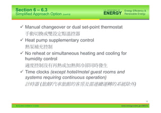 Section 6 – 6.3
Simplified Approach Option (cont’d)


  9 Manual changeover or dual set-point thermostat

  9 Heat pump supplementary control

  9 No reheat or simultaneous heating and cooling for
    humidity control

  9 Time clocks (except hotel/motel guest rooms and
    systems requiring continuous operation)
           (    /                                            )


                                                                        18

                                                  www.energycodes.gov/BECU
 