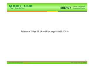 Section 6 – 6.8.2B
Duct Insulation




           Reference Tables 6.8.2A and B on page 68 in 90.1-2010




                                                                                         21

                                                                   www.energycodes.gov/BECU
 