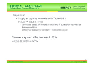 Section 6 – 6.5.6.1 (6.3.2f)
Exhaust Air Energy Recovery


 Required if:
     9 Supply air capacity • value listed in Table 6.5.6.1
              >= 6.5.6.1
         – Values are based on climate zone and % of outdoor air flow rate at
           design conditions




 Recovery system effectiveness • 50%
              >= 50%




                                                                                       24

                                                                 www.energycodes.gov/BECU
 