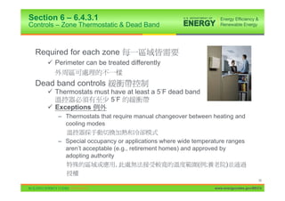 Section 6 – 6.4.3.1
Controls – Zone Thermostatic & Dead Band



  Required for each zone
     9 Perimeter can be treated differently


  Dead band controls
     9 Thermostats must have at least a 5 F dead band
                        5F
     9 Exceptions
         – Thermostats that require manual changeover between heating and
           cooling modes

         – Special occupancy or applications where wide temperature ranges
           aren’t acceptable (e.g., retirement homes) and approved by
           adopting authority
                              ,                             ( ;       )

                                                                                     39

                                                               www.energycodes.gov/BECU
 