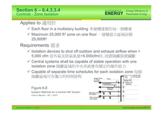Section 6 – 6.4.3.3.4
Controls - Zone Isolation

  Applies to
      9 Each floor in a multistory building
      9 Maximum 25,000 ft2 zone on one floor
        25,000ft2
  Requirements
      9 Isolation devices to shut off outdoor and exhaust airflow when >
        5,000 cfm                      >5,000cfm ,
      9 Central systems shall be capable of stable operation with one
        isolation zone
      9 Capable of separate time schedules for each isolation zone



        Figure 6-E
        Isolation Methods for a Central VAV System
        (User’s Manual – 90.1.-2007)


                                                                                   45

                                                             www.energycodes.gov/BECU
 
