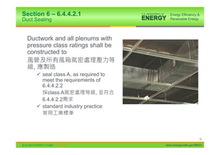 Section 6 – 6.4.4.2.1
Duct Sealing


  Ductwork and all plenums with
  pressure class ratings shall be
  constructed to

    ,
        9 seal class A, as required to
          meet the requirements of
          6.4.4.2.2
            class A               ,
          6.4.4.2.2
        9 standard industry practice




                                                               65

                                         www.energycodes.gov/BECU
 