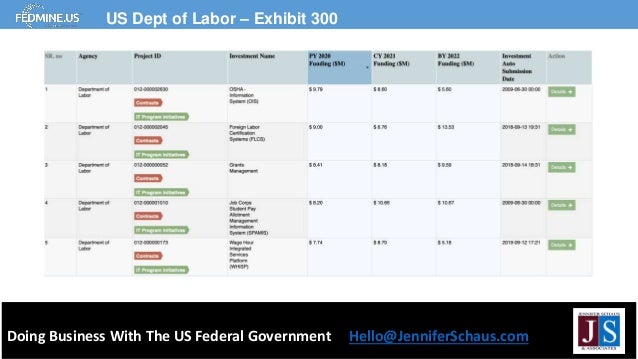 Doing Business With The US Federal Government Hello@JenniferSchaus.com
US Dept of Labor – Exhibit 300
 