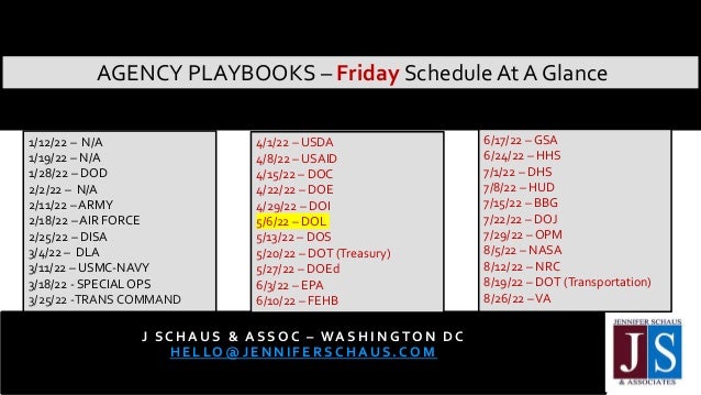 AGENCY PLAYBOOKS – Friday ScheduleAt A Glance
J SC H AUS & ASSO C – WA SH IN GTO N DC
HELLO@JENNIFERSC HAUS.COM
202 - 3 6 5 - 0 5 9 8
1/12/22 – N/A
1/19/22 – N/A
1/28/22 – DOD
2/2/22 – N/A
2/11/22 – ARMY
2/18/22 – AIR FORCE
2/25/22 – DISA
3/4/22 – DLA
3/11/22 – USMC-NAVY
3/18/22 - SPECIALOPS
3/25/22 -TRANS COMMAND
4/1/22 – USDA
4/8/22 – USAID
4/15/22 – DOC
4/22/22 – DOE
4/29/22 – DOI
5/6/22 – DOL
5/13/22 – DOS
5/20/22 – DOT (Treasury)
5/27/22 – DOEd
6/3/22 – EPA
6/10/22 – FEHB
6/17/22 – GSA
6/24/22 – HHS
7/1/22 – DHS
7/8/22 – HUD
7/15/22 – BBG
7/22/22 – DOJ
7/29/22 – OPM
8/5/22 – NASA
8/12/22 – NRC
8/19/22 – DOT (Transportation)
8/26/22 –VA
 