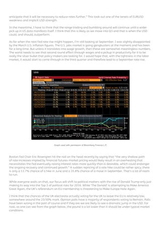 anticipate that it will be necessary to reduce rates further.” This took out one of the tenets of EURUSD
weakness and implicit USD strength.
In the meantime, I have to think that the range trading and bumbling around will continue until a wider
pick up in US data manifests itself. I think that this is likely as we move into Q3 and that is when the USD
could, and should, outperform.
As for when the next Fed rate rise might happen, I’m still looking at September. I was slightly disappointed
by the March U.S. inflation figures. The U.S. jobs market is going gangbusters at the moment and has been
for a long time. But unless it translates into wage growth, then these are somewhat meaningless numbers.
The world needs to see that second round effect through wages and a pickup in productivity for it to be
really the silver bullet that policy makers are looking for. I would hope that, with the tightness in the labor
market, it would start to come through in the third quarter and therefore lead to a September rate rise.
Boston Fed Chair Eric Rosengren hit the nail on the head recently by saying that “the very shallow path
of rate increases implied by financial futures-market pricing would likely result in an overheating that
necessitates the Fed eventually raising interest rates more quickly than is desirable, which could endanger
the ongoing recovery and continued growth.” A sudden repricing of a rate hike could be rather spicy; there
is only a 13.7% chance of a hike in June and a 35.8% chance of a move in September. That’s a lot of room
to run.
While everyone waits on that, our focus will shift to political matters with the rise of Donald Trump only just
making its way into the Top 3 of political risks for 2016. While ‘The Donald’ is attempting to Make America
Great Again, the UK’s referendum on EU membership is threatening to Make Europe Hate Again.
I think that the chances of the UK electorate actually voting for the UK to leave the EU is relatively low,
somewhere around the 25/30% mark. Opinion polls have a majority of respondents voting to Remain. Polls
have been wrong in the past of course and if they are we are likely to see a dramatic jump in the USD. For
now, as one can see from the graph below, the pound is a lot lower than it should be under typical market
conditions.
Graph used with permission of Bloomberg Finance L.P.
 