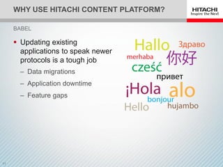 WHY USE HITACHI CONTENT PLATFORM?
 Updating existing
applications to speak newer
protocols is a tough job
‒ Data migrations
‒ Application downtime
‒ Feature gaps
BABEL
 